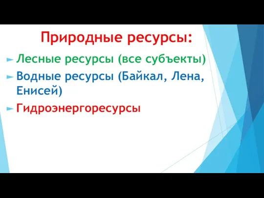 Природные ресурсы: Лесные ресурсы (все субъекты) Водные ресурсы (Байкал, Лена, Енисей) Гидроэнергоресурсы