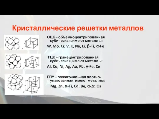 Кристаллические решетки металлов ОЦК – объемноцентрированная кубическая, имеют металлы: W, Mo,