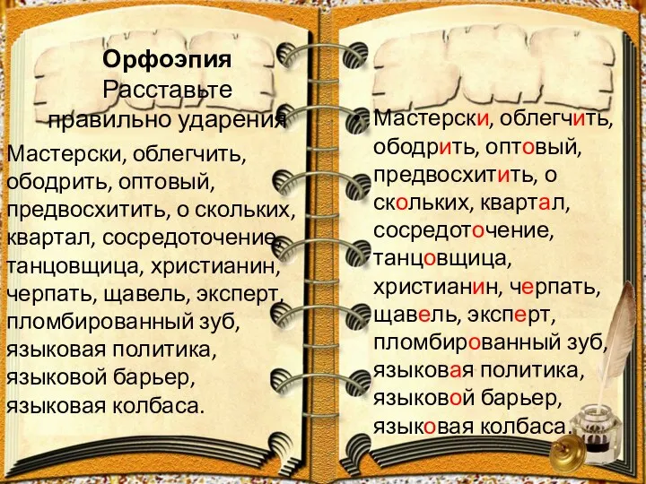 Орфоэпия Расставьте правильно ударения Мастерски, облегчить, ободрить, оптовый, предвосхитить, о скольких,