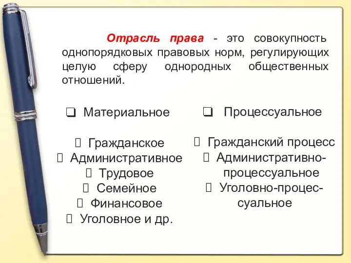 Отрасль права - это совокупность однопорядковых правовых норм, регулирующих целую сферу