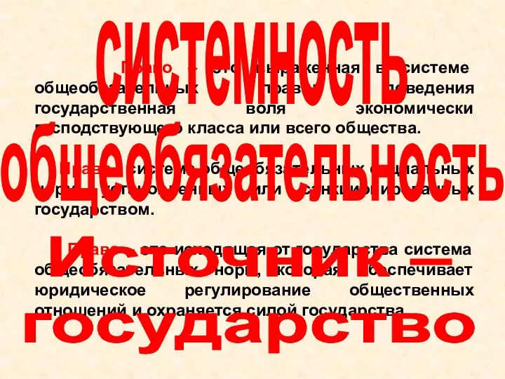 Право – это выраженная в системе общеобязательных правил поведения государственная воля