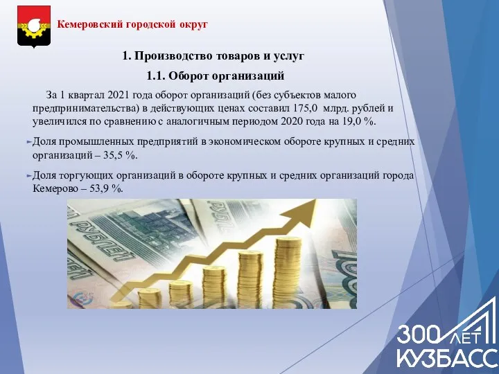 Кемеровский городской округ За 1 квартал 2021 года оборот организаций (без