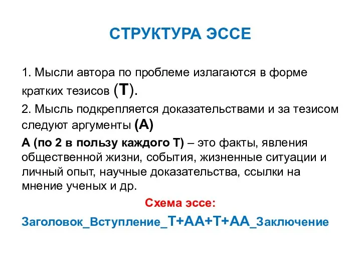 СТРУКТУРА ЭССЕ 1. Мысли автора по проблеме излагаются в форме кратких