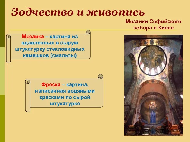 Зодчество и живопись Мозаика – картина из вдавленных в сырую штукатурку