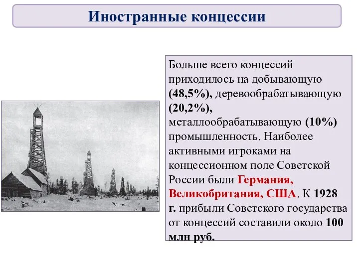 Больше всего концессий приходилось на добывающую (48,5%), деревообрабатывающую (20,2%), металлообрабатывающую (10%)