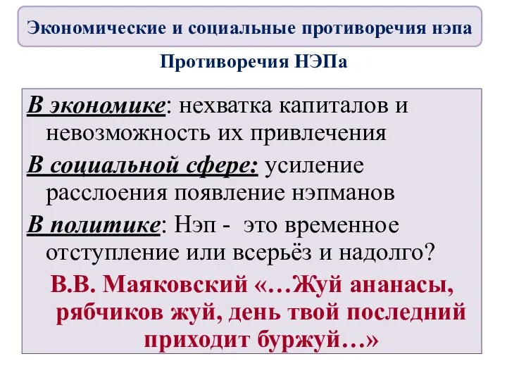 Противоречия НЭПа В экономике: нехватка капиталов и невозможность их привлечения В