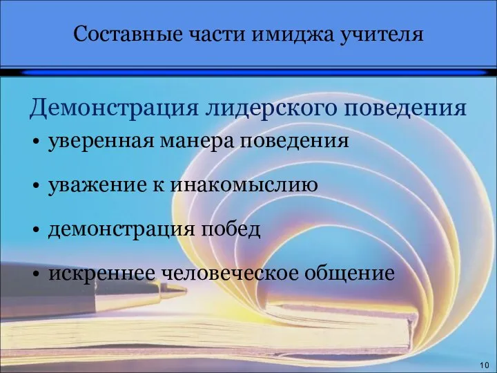 10 Демонстрация лидерского поведения уверенная манера поведения уважение к инакомыслию демонстрация