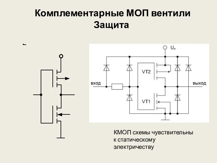 Комплементарные МОП вентили Защита КМОП схемы чувствительны к статическому электричеству