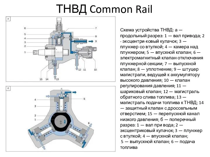 ТНВД Common Rail Схема устройства ТНВД: а — продольный разрез: 1