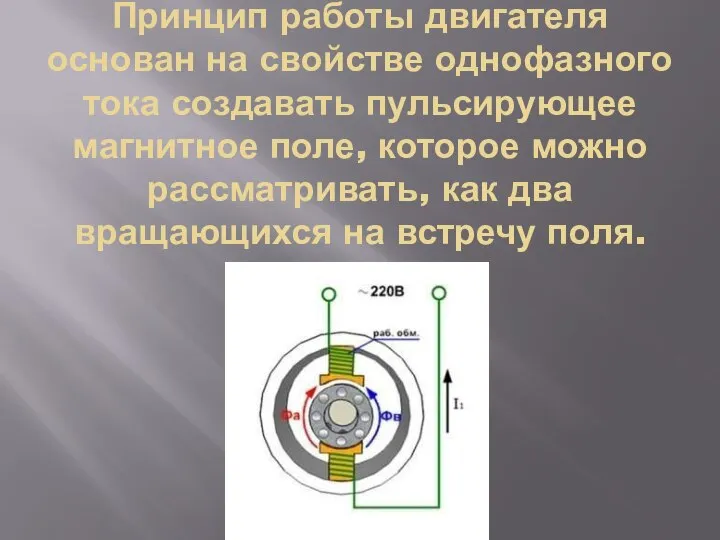 Принцип работы двигателя основан на свойстве однофазного тока создавать пульсирующее магнитное