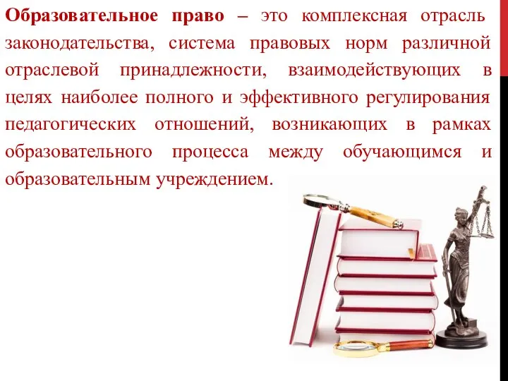 Образовательное право – это комплексная отрасль законодательства, система правовых норм различной