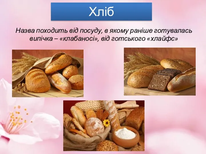 Хліб Назва походить від посуду, в якому раніше готувалась випічка – «клабаносі», від готського «хлайфс»