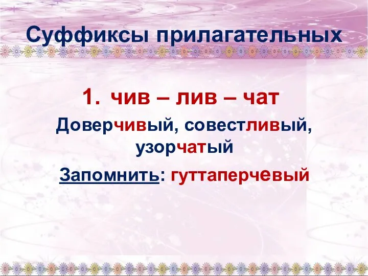 Суффиксы прилагательных чив – лив – чат Доверчивый, совестливый, узорчатый Запомнить: гуттаперчевый