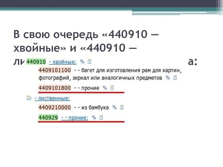 В свою очередь «440910 — хвойные» и «440910 — лиственные» подразделяются на: