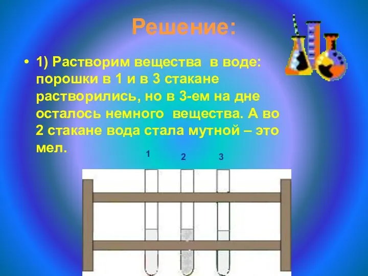 Решение: 1) Растворим вещества в воде: порошки в 1 и в