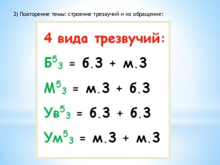 2) Повторение темы: строение трезвучий и их обращение: