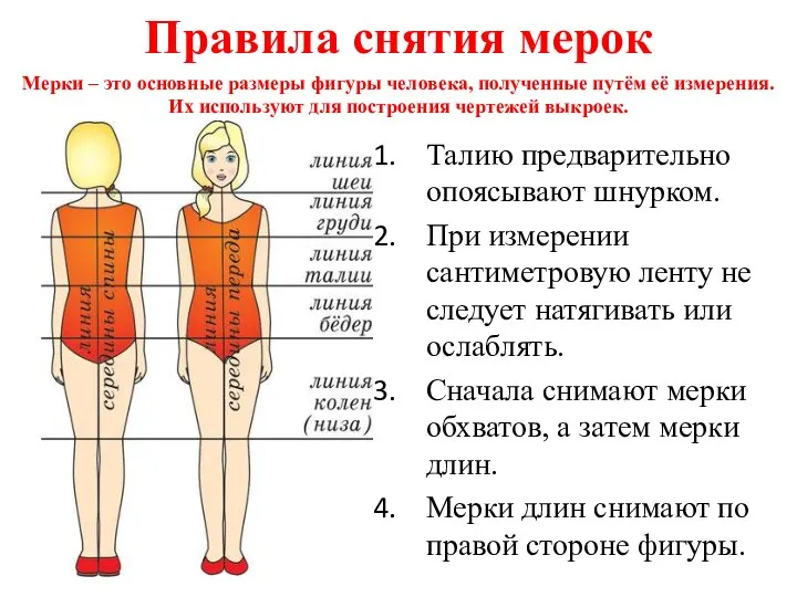 Правила снятия мерок Талию предварительно опоясывают шнурком. При измерении сантиметровую ленту