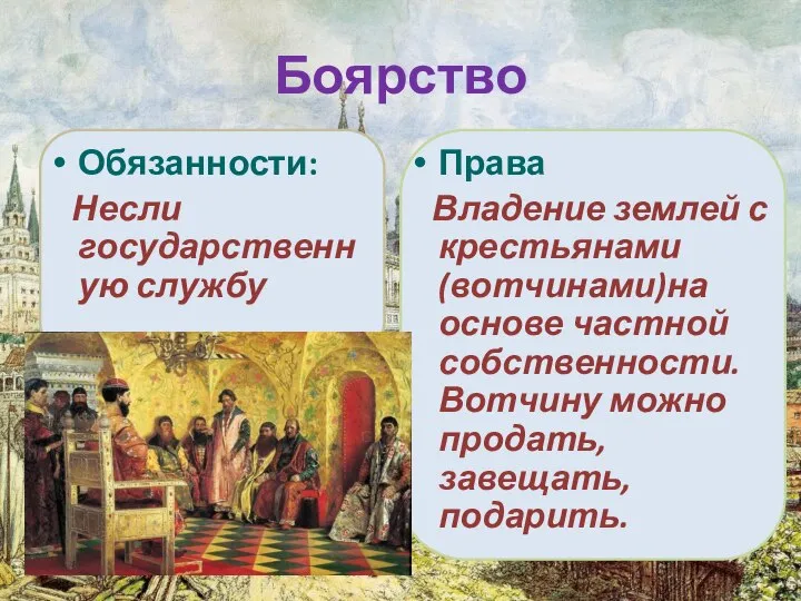 Боярство Обязанности: Несли государственную службу Права Владение землей с крестьянами (вотчинами)на