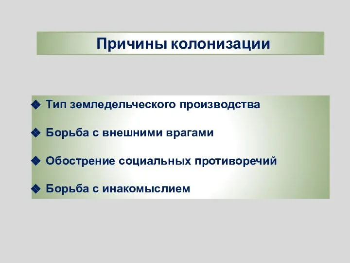 Причины колонизации Тип земледельческого производства Борьба с внешними врагами Обострение социальных противоречий Борьба с инакомыслием