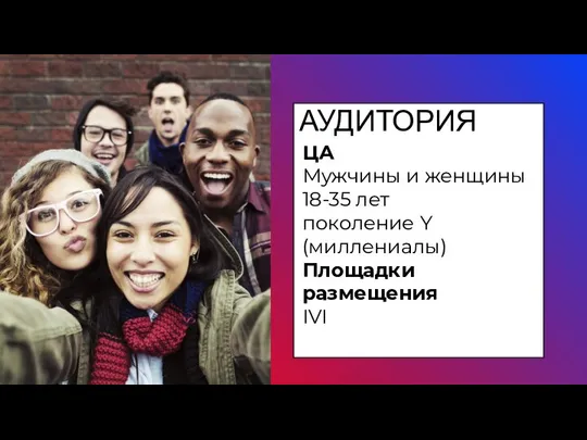 ЦА Мужчины и женщины 18-35 лет поколение Y (миллениалы) Площадки размещения IVI АУДИТОРИЯ