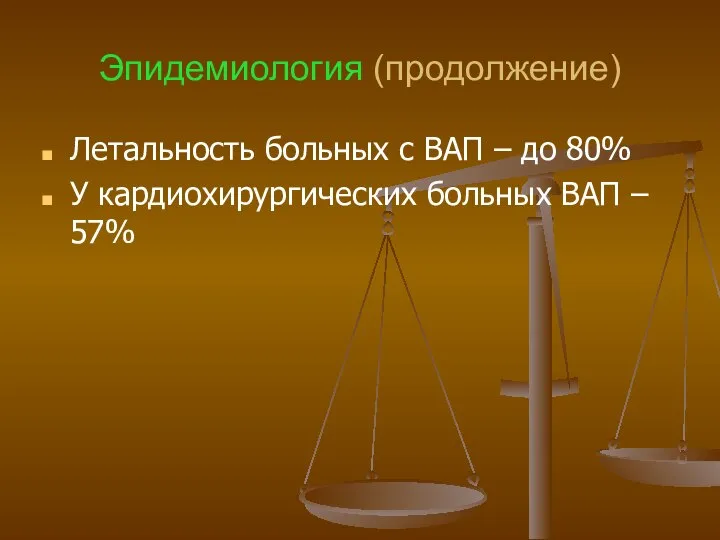 Эпидемиология (продолжение) Летальность больных с ВАП – до 80% У кардиохирургических больных ВАП – 57%