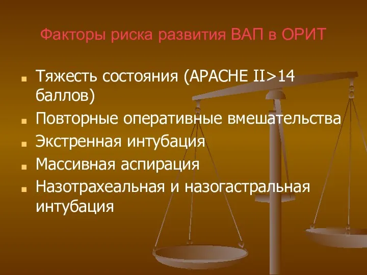 Факторы риска развития ВАП в ОРИТ Тяжесть состояния (АРАСНЕ II>14 баллов)