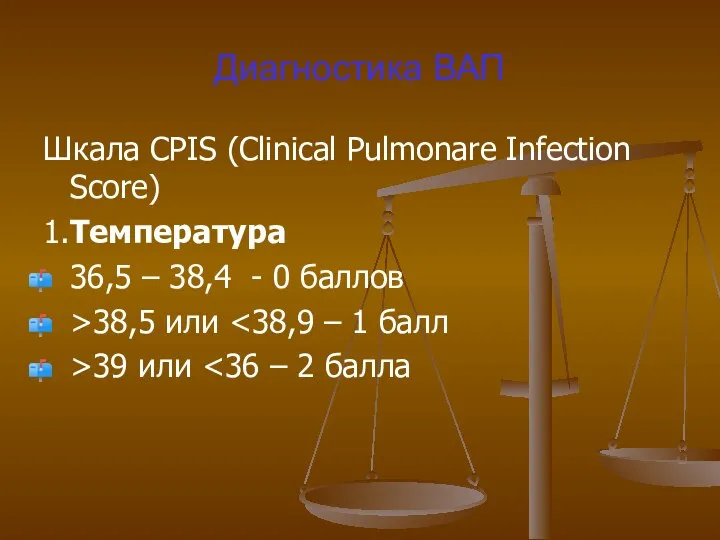 Диагностика ВАП Шкала CPIS (Clinical Pulmonare Infection Score) 1.Температура 36,5 –