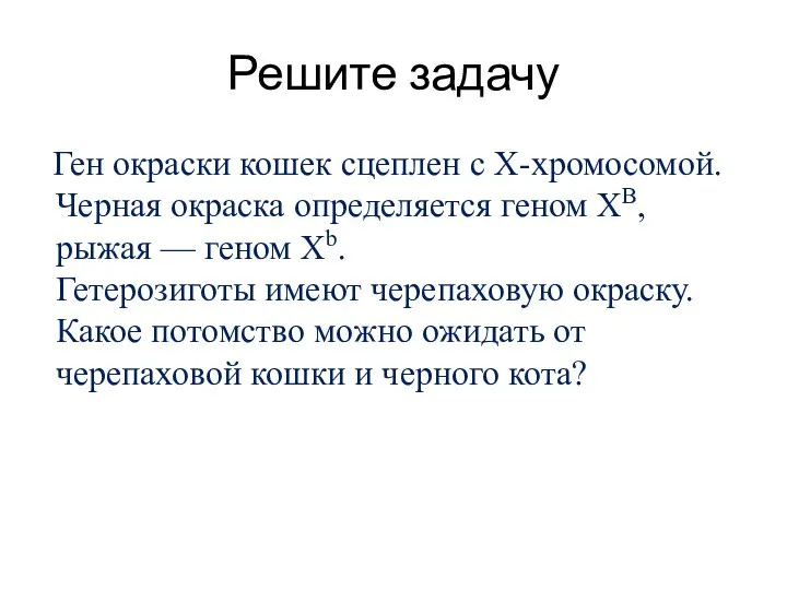 Решите задачу Ген окраски кошек сцеплен с Х-хромосомой. Черная окраска определяется