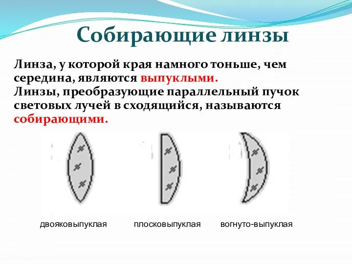 Собирающие линзы Линза, у которой края намного тоньше, чем середина, являются