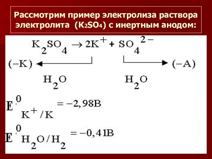 Рассмотрим пример электролиза раствора электролита (К2SO4) с инертным анодом: