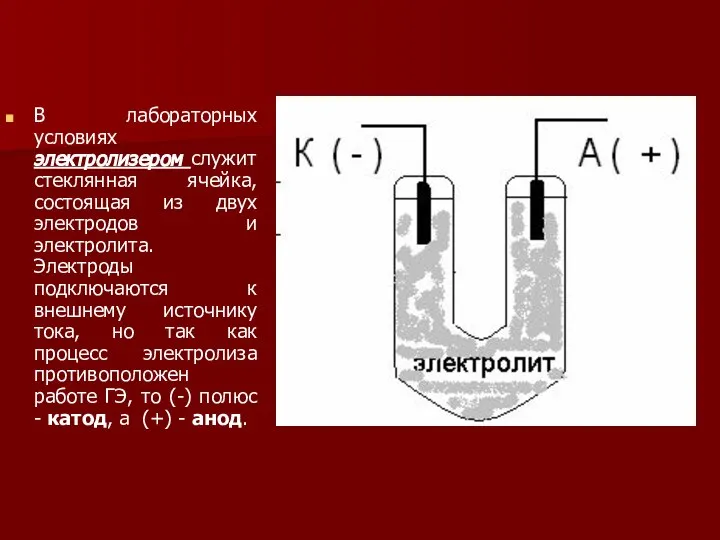 В лабораторных условиях электролизером служит стеклянная ячейка, состоящая из двух электродов