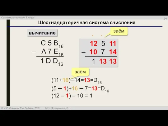 вычитание С 5 B16 – A 7 E16 заём ∙ 1