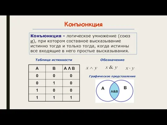 Конъюнкция Конъюнкция - логическое умножение (союз и), при котором составное высказывание