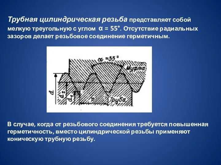 Трубная цилиндрическая резьба представляет собой мелкую треугольную с углом α =