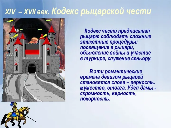 XIV – XVII век. Кодекс рыцарской чести Кодекс чести предписывал рыцарю