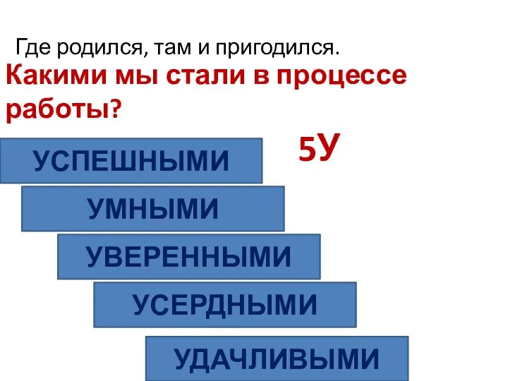 Какими мы стали в процессе работы? 5У УСПЕШНЫМИ УМНЫМИ УВЕРЕННЫМИ УДАЧЛИВЫМИ