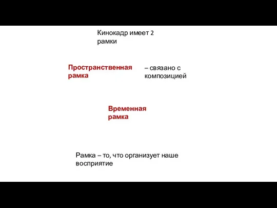 Кинокадр имеет 2 рамки Пространственная рамка Временная рамка Рамка – то,