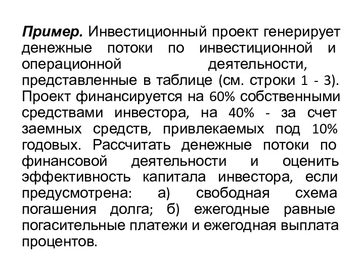 Пример. Инвестиционный проект генерирует денежные потоки по инвестиционной и операционной деятельности,