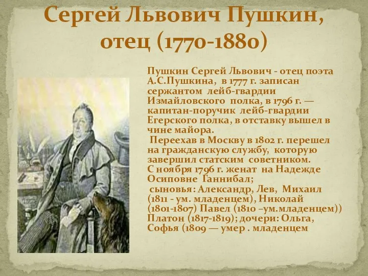 Сергей Львович Пушкин, отец (1770-1880) Пушкин Сергей Львович - отец поэта