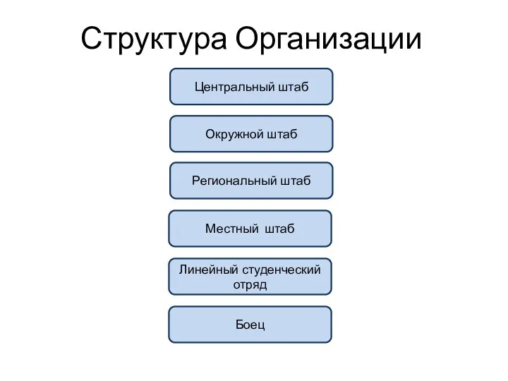 Структура Организации Центральный штаб Окружной штаб Региональный штаб Местный штаб Линейный студенческий отряд Боец