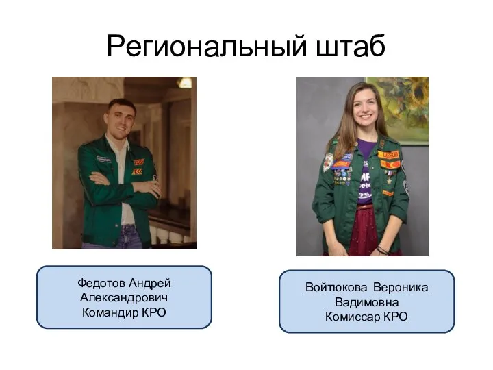 Региональный штаб Войтюкова Вероника Вадимовна Комиссар КРО Федотов Андрей Александрович Командир КРО