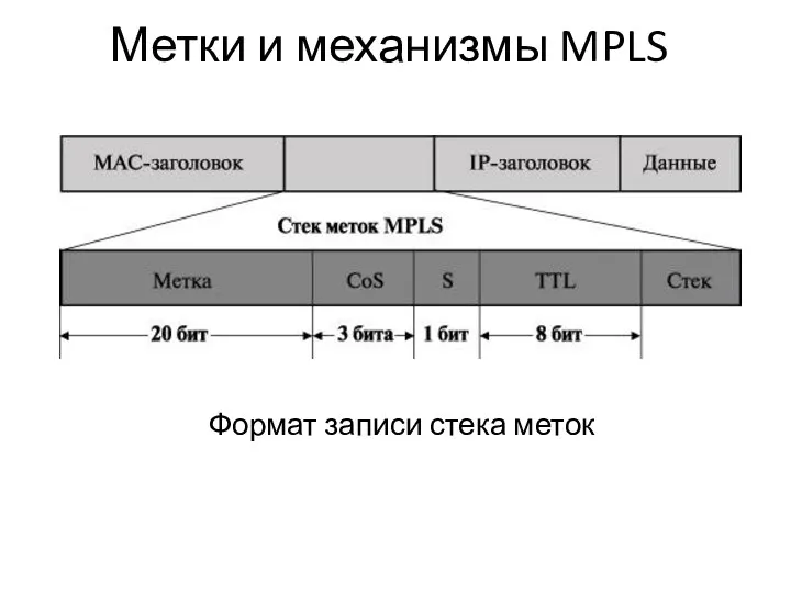 Метки и механизмы MPLS Формат записи стека меток