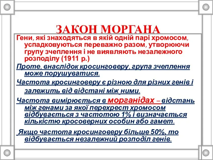 ЗАКОН МОРГАНА ЗЧЕПЛЕНЕ УСПАДКУВАННЯ Гени, які знаходяться в якій одній парі