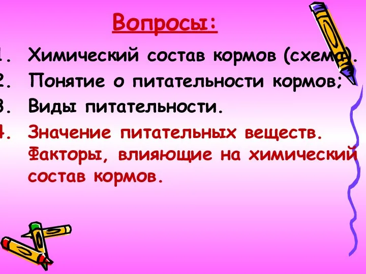 Вопросы: Химический состав кормов (схема). Понятие о питательности кормов; Виды питательности.