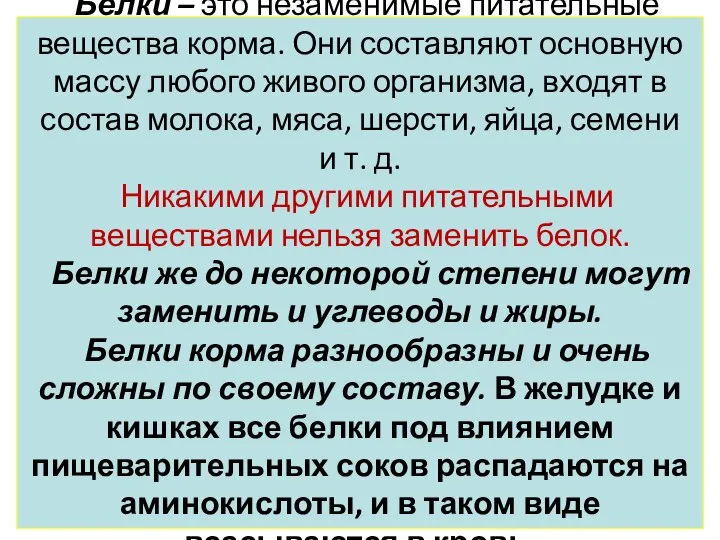 Белки – это незаменимые питательные вещества корма. Они составляют основную массу