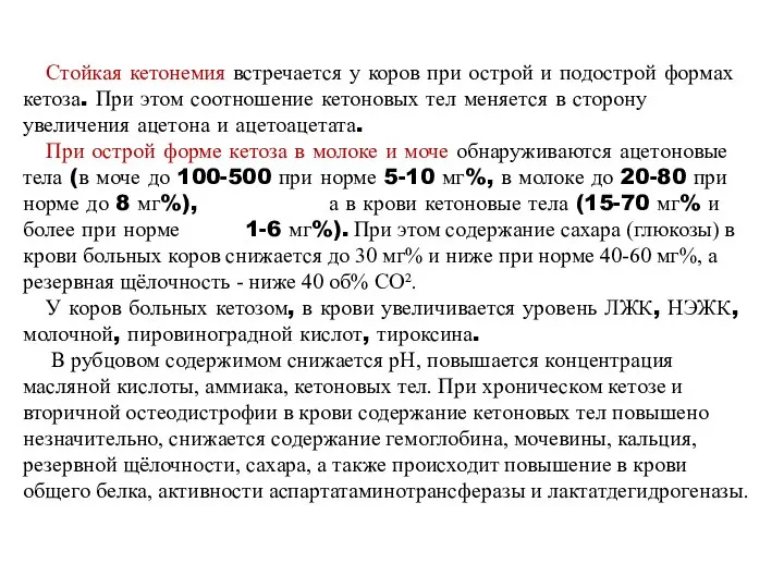 Стойкая кетонемия встречается у коров при острой и подострой формах кетоза.