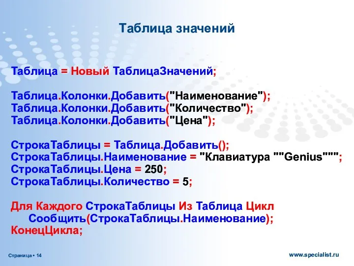 Таблица значений Таблица = Новый ТаблицаЗначений; Таблица.Колонки.Добавить("Наименование"); Таблица.Колонки.Добавить("Количество"); Таблица.Колонки.Добавить("Цена"); СтрокаТаблицы =