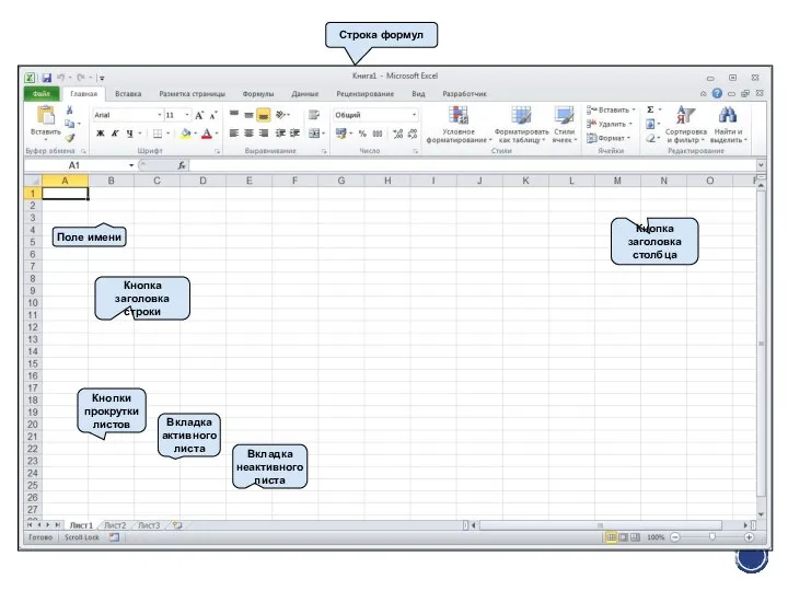 Поле имени Строка формул Кнопка заголовка строки Кнопка заголовка столбца Кнопки