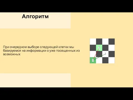 Алгоритм При очередном выборе следующей клетки мы базируемся на информации о уже посещенных из возможных