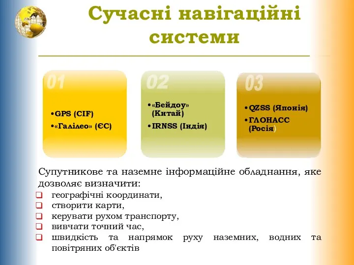 01 02 03 GPS (CIF) «Галілео» (ЄС) «Бейдоу» (Китай) IRNSS (Індія)